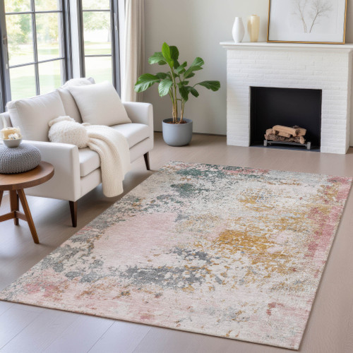 8' X 10' Pink Charcoal And Copper Abstract Washable Indoor Outdoor Area Rug