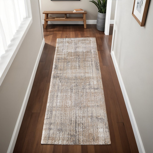 8' Brown Tan And Ivory Abstract Distressed Runner Rug