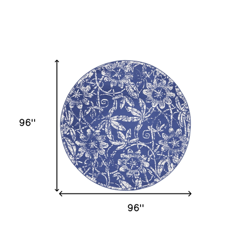 8' Ivory and Navy Blue Floral Distressed Round Rug