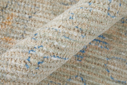9' X 12' Tan Brown and Blue Floral Hand Woven Distressed Area Rug With Fringe