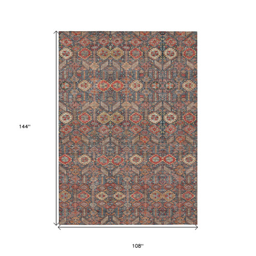 9' X 12' Red and Dark Blue Floral Washable Non Skid Indoor Outdoor Area Rug