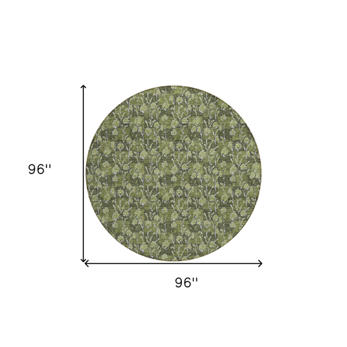 8' Olive Green Artichoke Green And Ivory Round Floral Washable Indoor Outdoor Area Rug