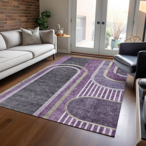 8' X 10' Purple and Black Abstract Washable Indoor Outdoor Area Rug