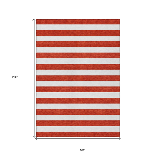 8' X 10' Red and White Striped Washable Non Skid Indoor Outdoor Area Rug
