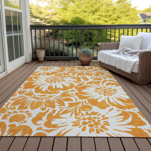 10' X 14' Orange and White Floral Washable Non Skid Indoor Outdoor Area Rug