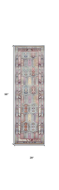 8' Ivory Gray And Red Floral Distressed Runner Rug