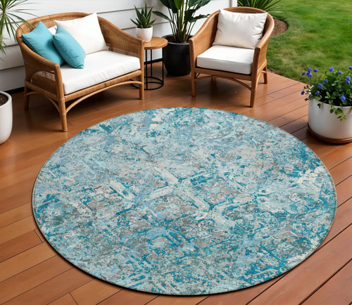 8' Teal Blue Gray And Charcoal Round Geometric Washable Indoor Outdoor Area Rug