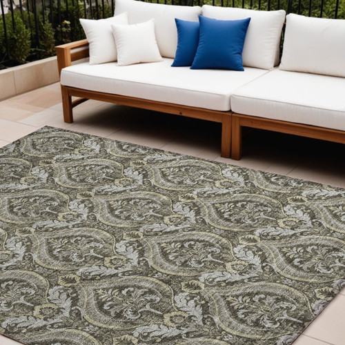 9' X 12' Taupe and Beige Damask Washable Non Skid Indoor Outdoor Area Rug