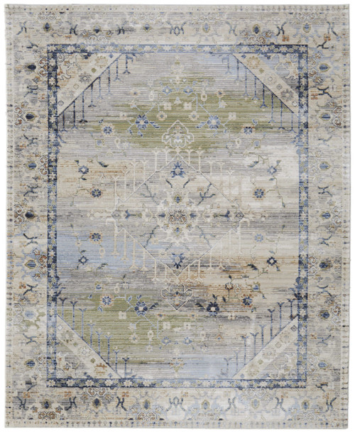 5' X 8' Ivory Green and Blue Abstract Power Loom Worn Faded Area Rug