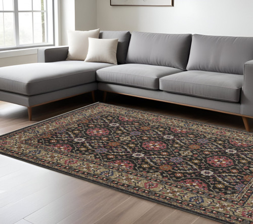 8' X 11' Charcoal And Pink Oriental Area Rug With Fringe
