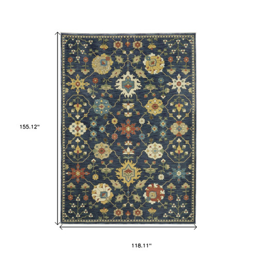 10' X 13' Blue And Gold Oriental Area Rug With Fringe