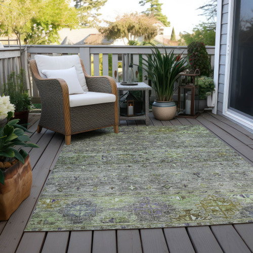 8' X 10' Sage And Gray Floral Washable Indoor Outdoor Area Rug