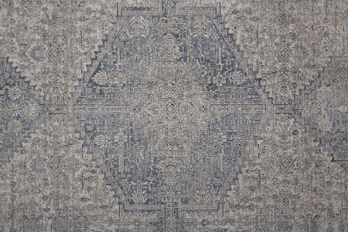 10' Gray Blue and Taupe Oriental Power Loom Runner Rug With Fringe