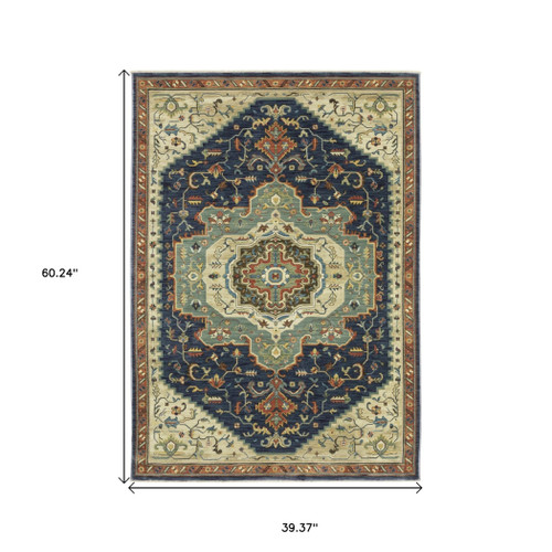 3' X 5' Blue Ivory And Gray Oriental Area Rug With Fringe