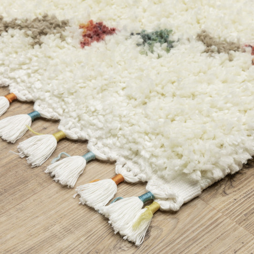 8' X 11' Ivory Tan And Gray Diamond Shag Area Rug With Fringe