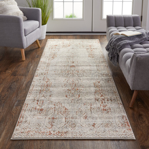 10' Ivory Gray and Brown Abstract Power Loom Worn Faded Runner Rug With Fringe