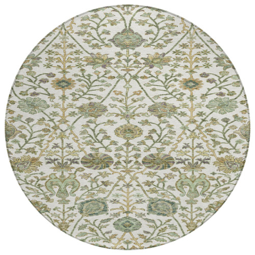 8' Ivory Green And Brown Round Floral Washable Indoor Outdoor Area Rug