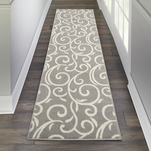8' Runner Gray Floral Power Loom Runner Rug