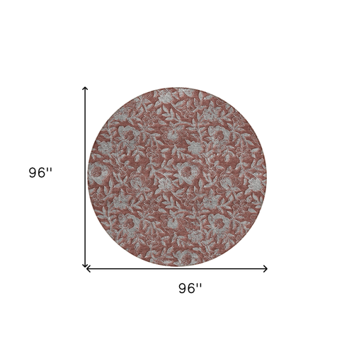 8' Orange Gray And Silver Round Floral Washable Indoor Outdoor Area Rug