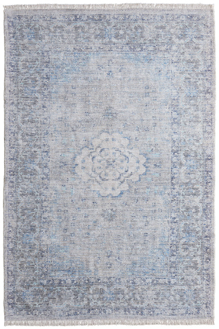 4' X 6' Gray Blue and Ivory Oriental Hand Woven Distressed Area Rug With Fringe