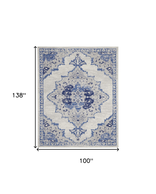 8' X 12' Ivory and Blue Floral Medallion Distressed Non Skid Area Rug