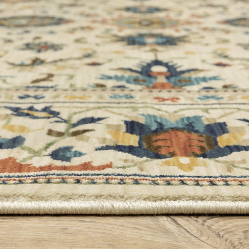 7' X 10' Ivory Blue And Orange Oriental Area Rug With Fringe