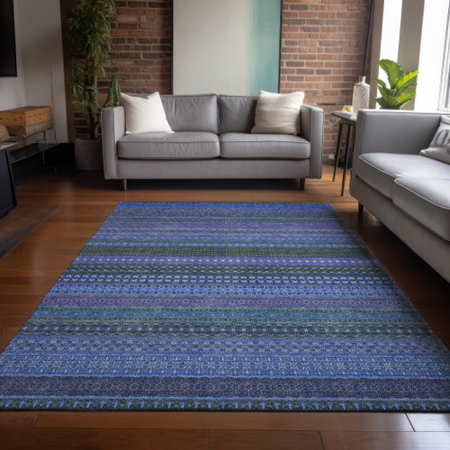 9' X 12' Blue and Green Striped Washable Non Skid Indoor Outdoor Area Rug