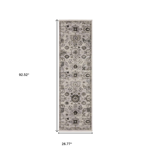 8' Ivory And Gray Oriental Runner Rug With Fringe