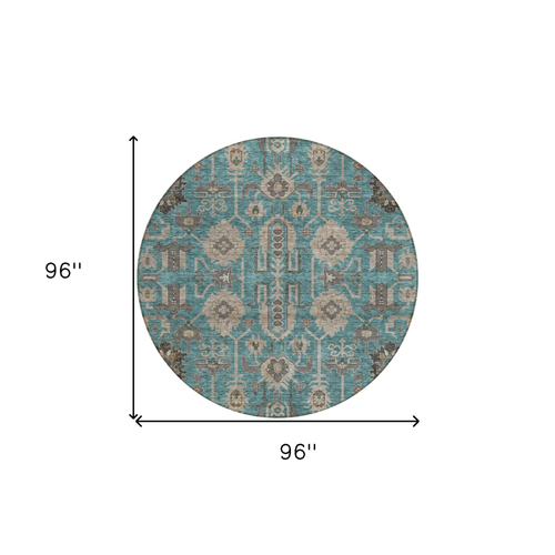8' Teal Blue Aqua And Beige Round Oriental Washable Indoor Outdoor Area Rug