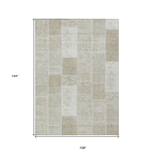 9' X 12' Taupe Beige And Tan Patchwork Washable Indoor Outdoor Area Rug