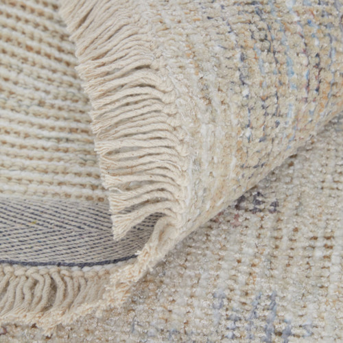 10' X 14' Ivory Tan and Blue Floral Hand Woven Distressed Area Rug With Fringe