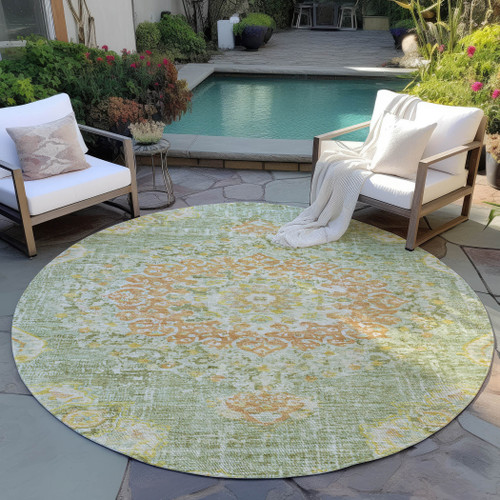 8' Artichoke Green Round Floral Medallion Washable Indoor Outdoor Area Rug