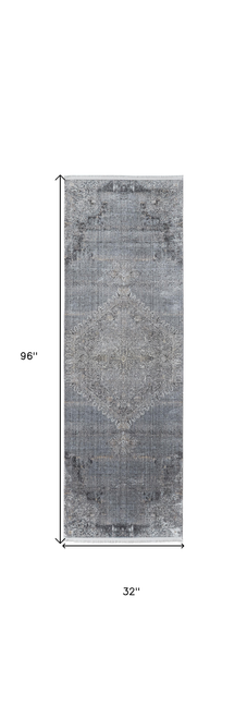 8' Gray and Silver Abstract Power Loom Worn Faded Runner Rug