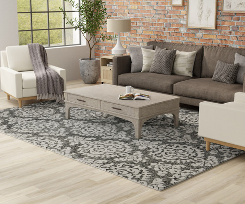 8' X 10' Gray Ivory And Black Floral Hand Tufted Area Rug