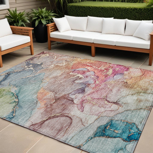 8' X 10' Blue Abstract Washable Non Skid Indoor Outdoor Area Rug