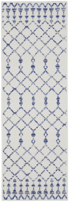 8' Ivory and Blue Geometric Distressed Non Skid Runner Rug