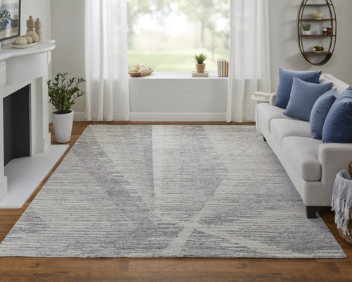 4' X 6' Ivory and Gray Abstract Hand Knotted Worn Faded Area Rug