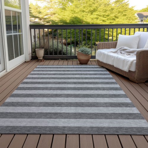10' X 14' Gray and White Striped Washable Non Skid Indoor Outdoor Area Rug