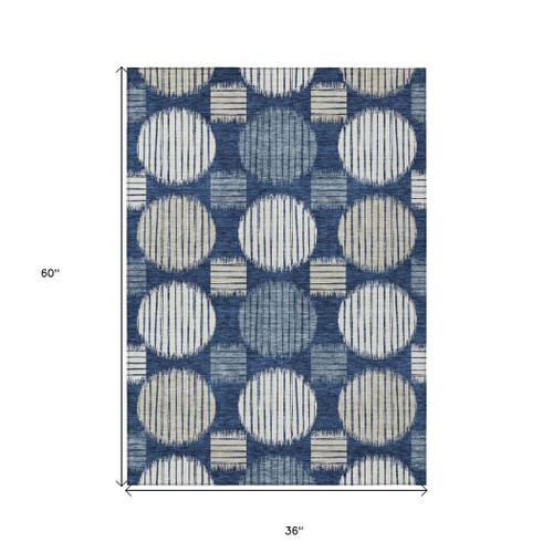 3' X 5' Navy Blue And Ivory Geometric Washable Indoor Outdoor Area Rug
