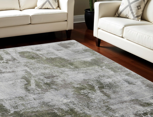 8' X 11' Gray Silver and Green Ikat Power Loom Area Rug With Fringe