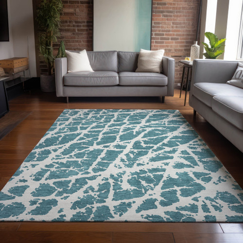 8' X 10' Teal Abstract Washable Non Skid Indoor Outdoor Area Rug