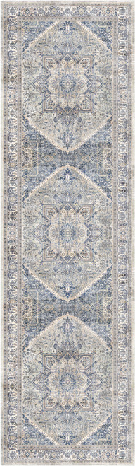 8' Blue and Beige Floral Distressed Non Skid Runner Rug