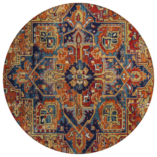 8' Round Red Orange and Blue Round Oriental Washable Non Skid Indoor Outdoor Area Rug