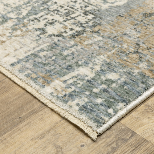 8' X 11' Beige And Blue Abstract Distressed Area Rug With Fringe