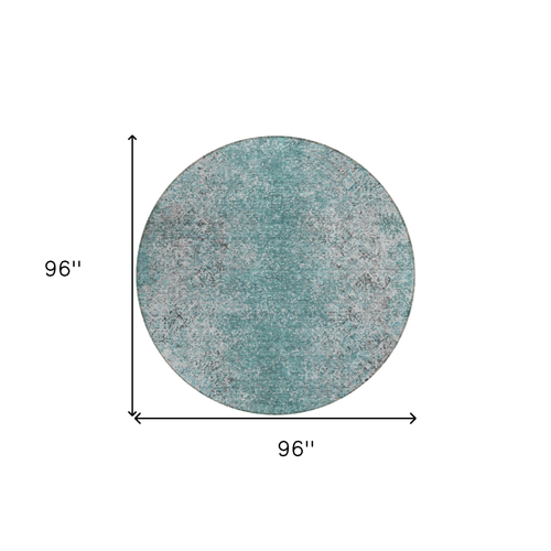8' Teal Blue Gray And Charcoal Round Oriental Washable Indoor Outdoor Area Rug