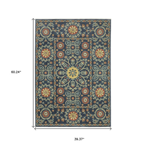 3' X 5' Blue And Rust Medallion Area Rug With Fringe