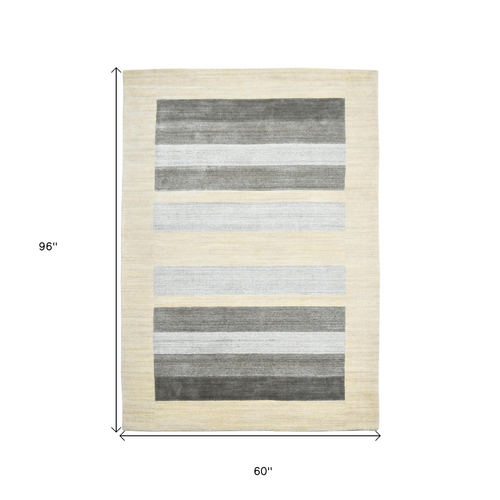 5' X 8' Ivory And Gray Wool Striped Hand Woven Area Rug