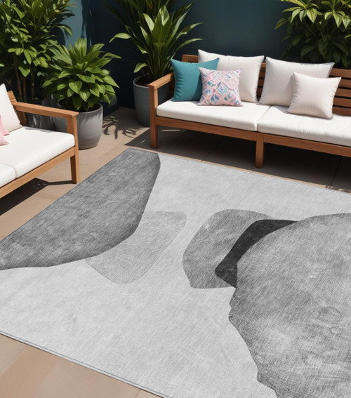 9' X 12' Gray and Black Abstract Washable Non Skid Indoor Outdoor Area Rug