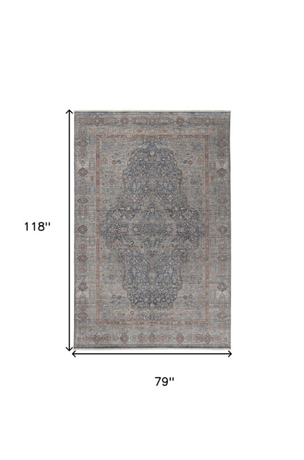 7' X 10' Gray Blue and Red Oriental Power Loom Worn Faded Area Rug With Fringe