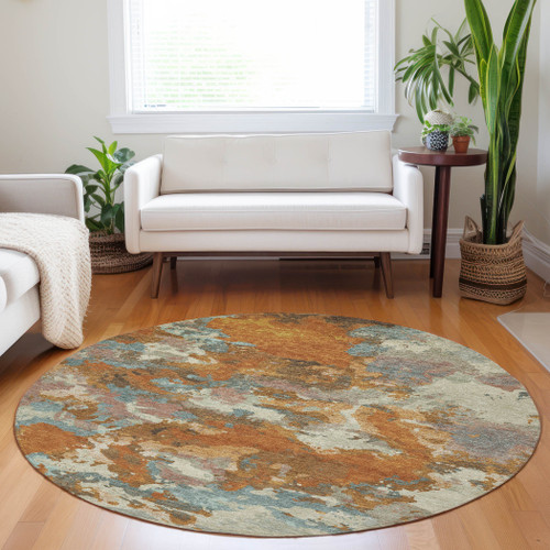 8' Copper And Orange Round Abstract Washable Indoor Outdoor Area Rug